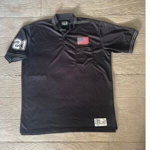 Vtg Honigs 21 Whistle Stop Ann Arbor 2XL Baseball Umpire Polo Shirt USA Flag